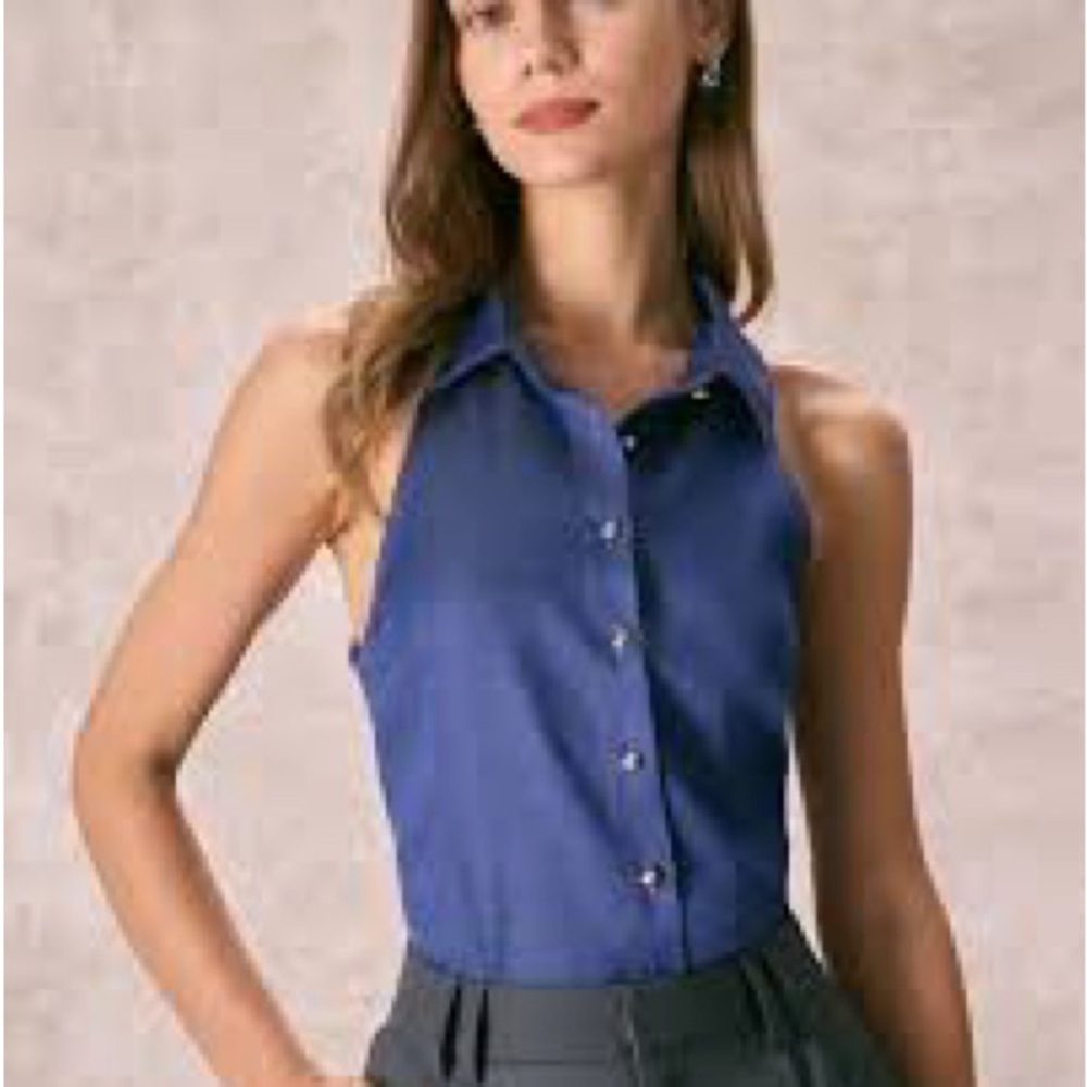 Rihoas Navy Button Front Sleeveless Shirt